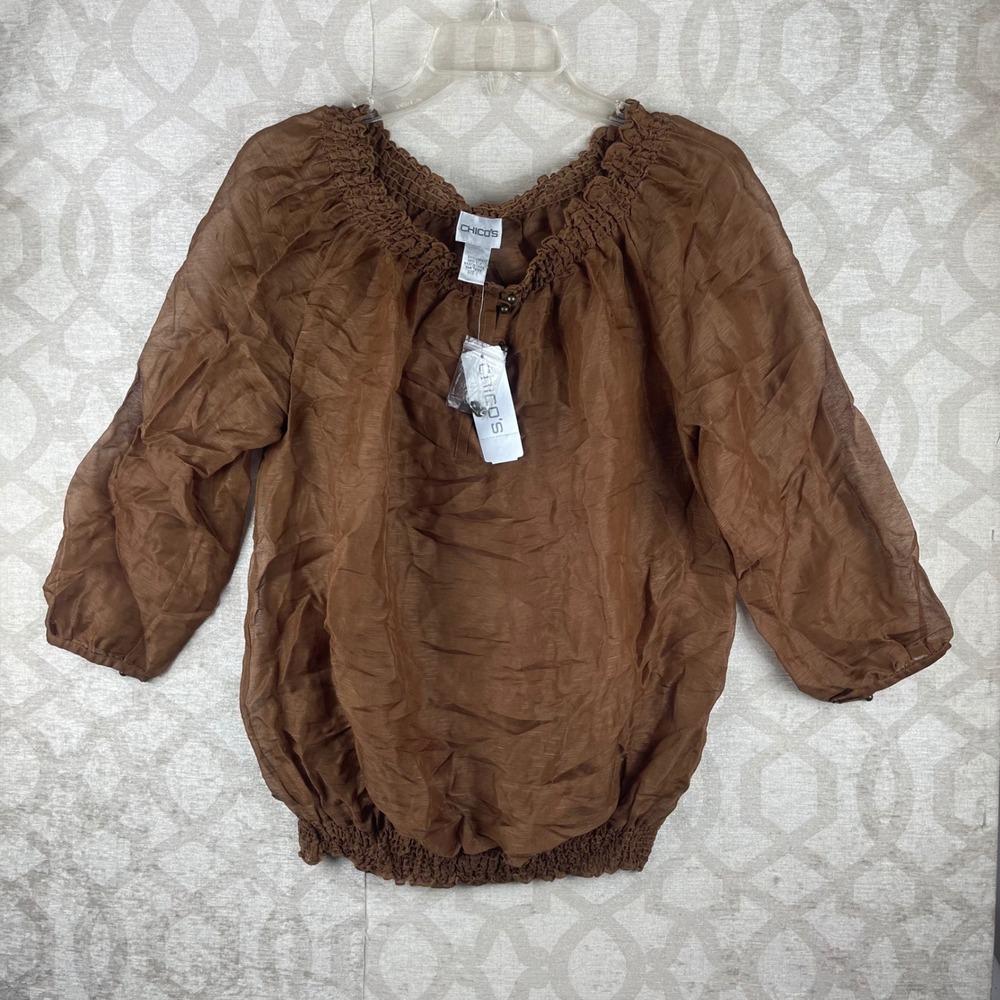 Chico's Ruffle Henley Sherrie Top Women's 1 M Brown Silk Linen Blouse Frontier